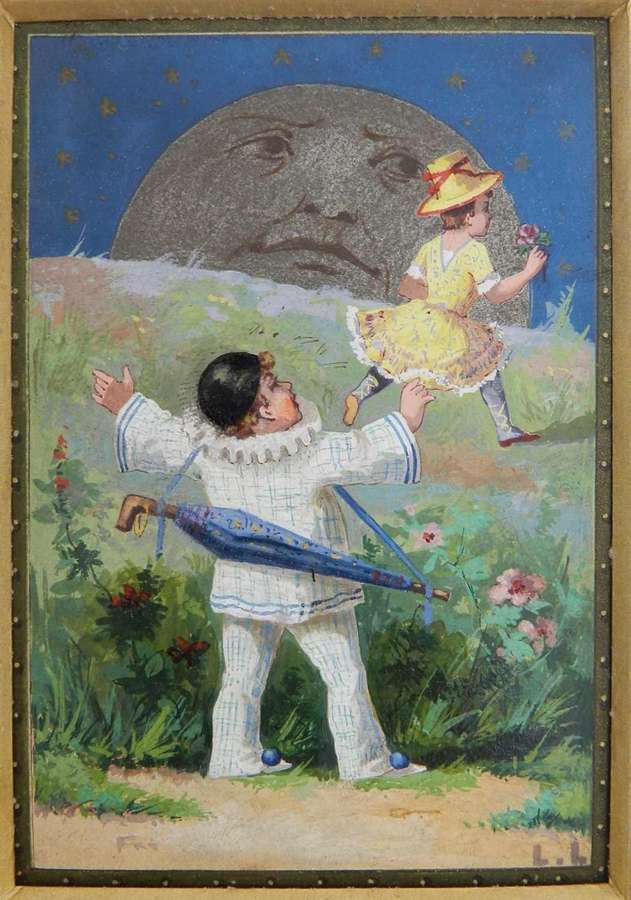 Oil Painting Pierrot, Colombine & the Moon by Luigi Loir Belle Epoque
