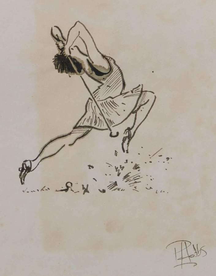 Caricature of a Lady Golfer by Peter Hobbs original watercolour sketch