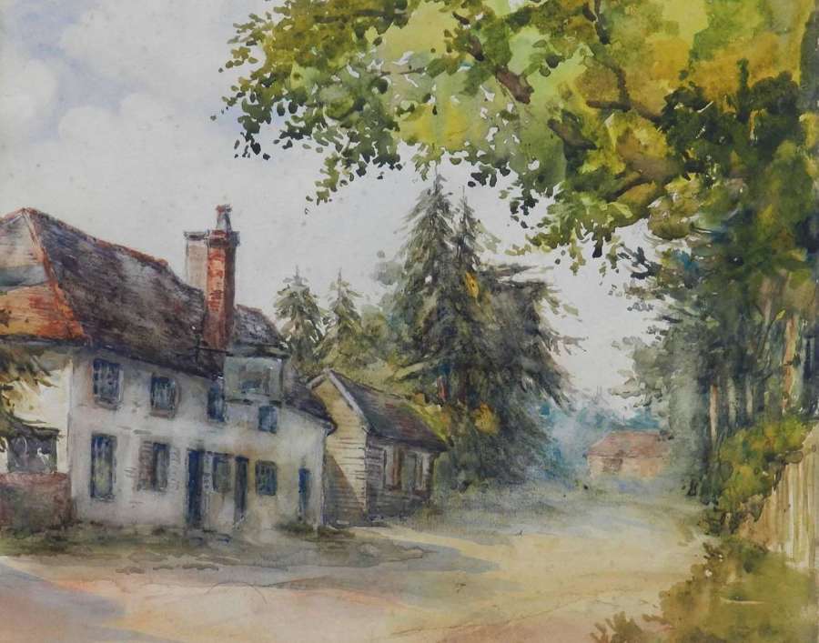 English Country Lane 19th century Watercolour signed initials MEB