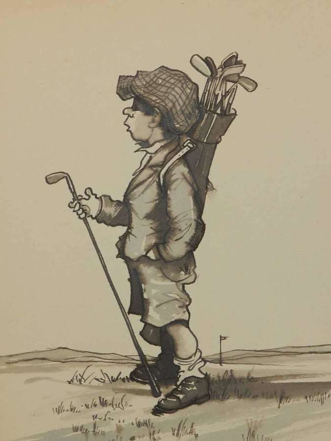 Caricature of a Young Golfer by Peter Hobbs Golf Original Painting c19