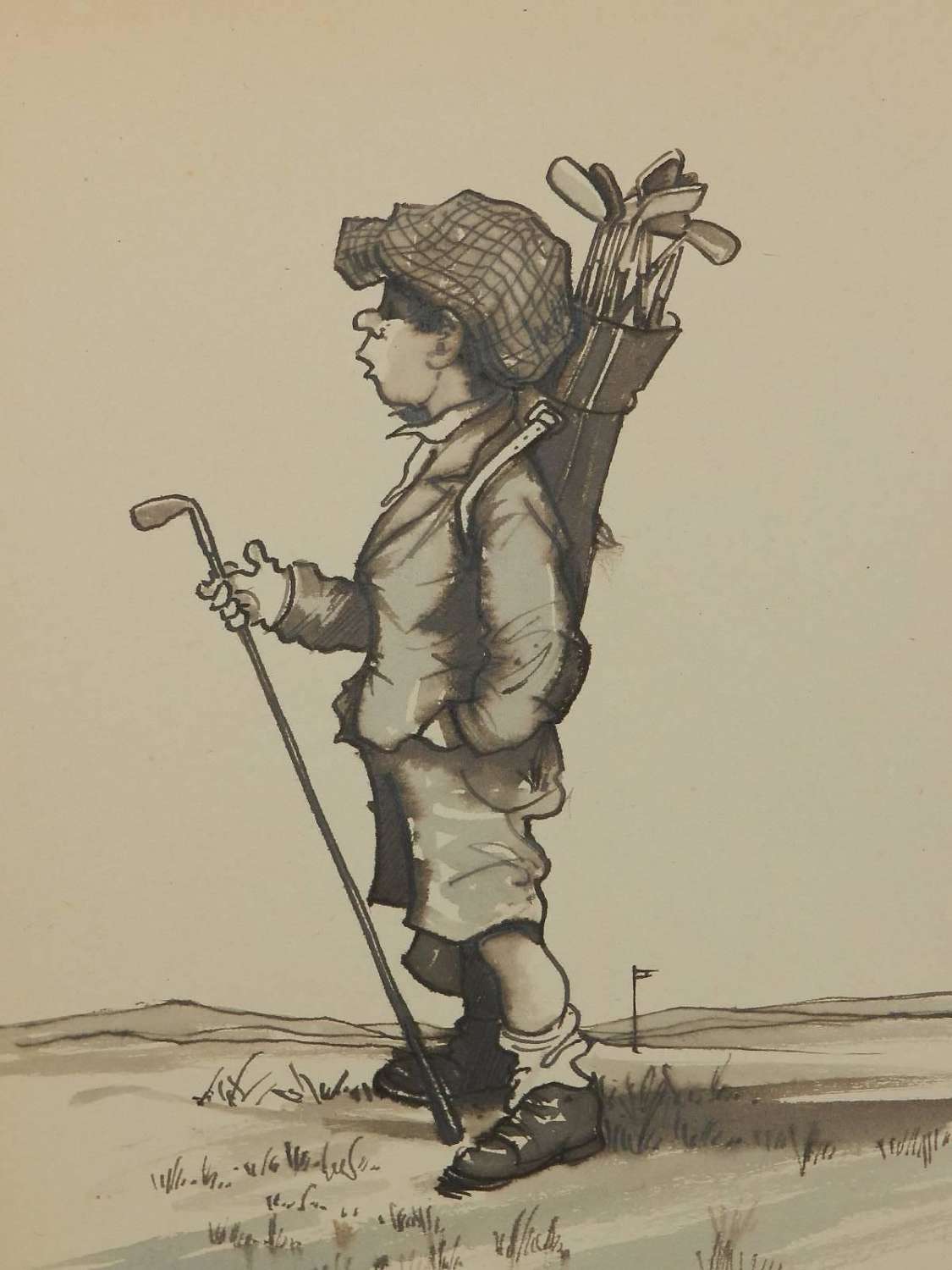 Caricature of a Young Golfer by Peter Hobbs Golf Original Painting c19