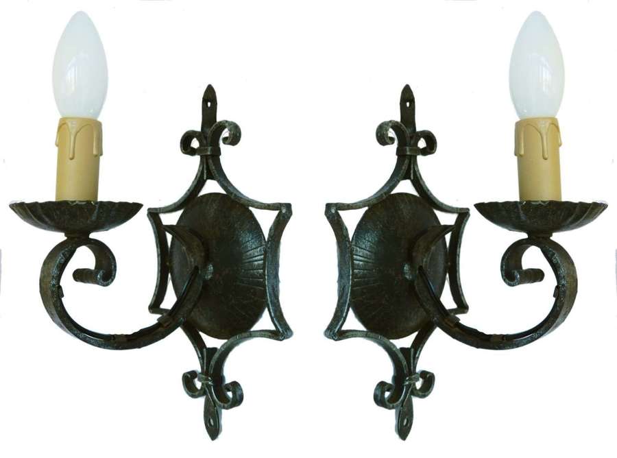 Pair Sconces Wall Lights Spanish France Forged Iron Mid Century