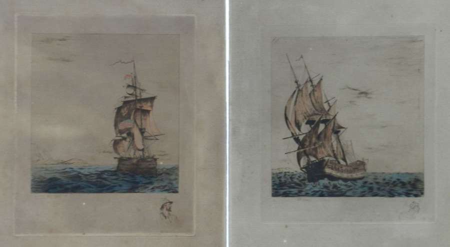 Pair Ships Gravures Etching Signed by Artist Early 20th Century