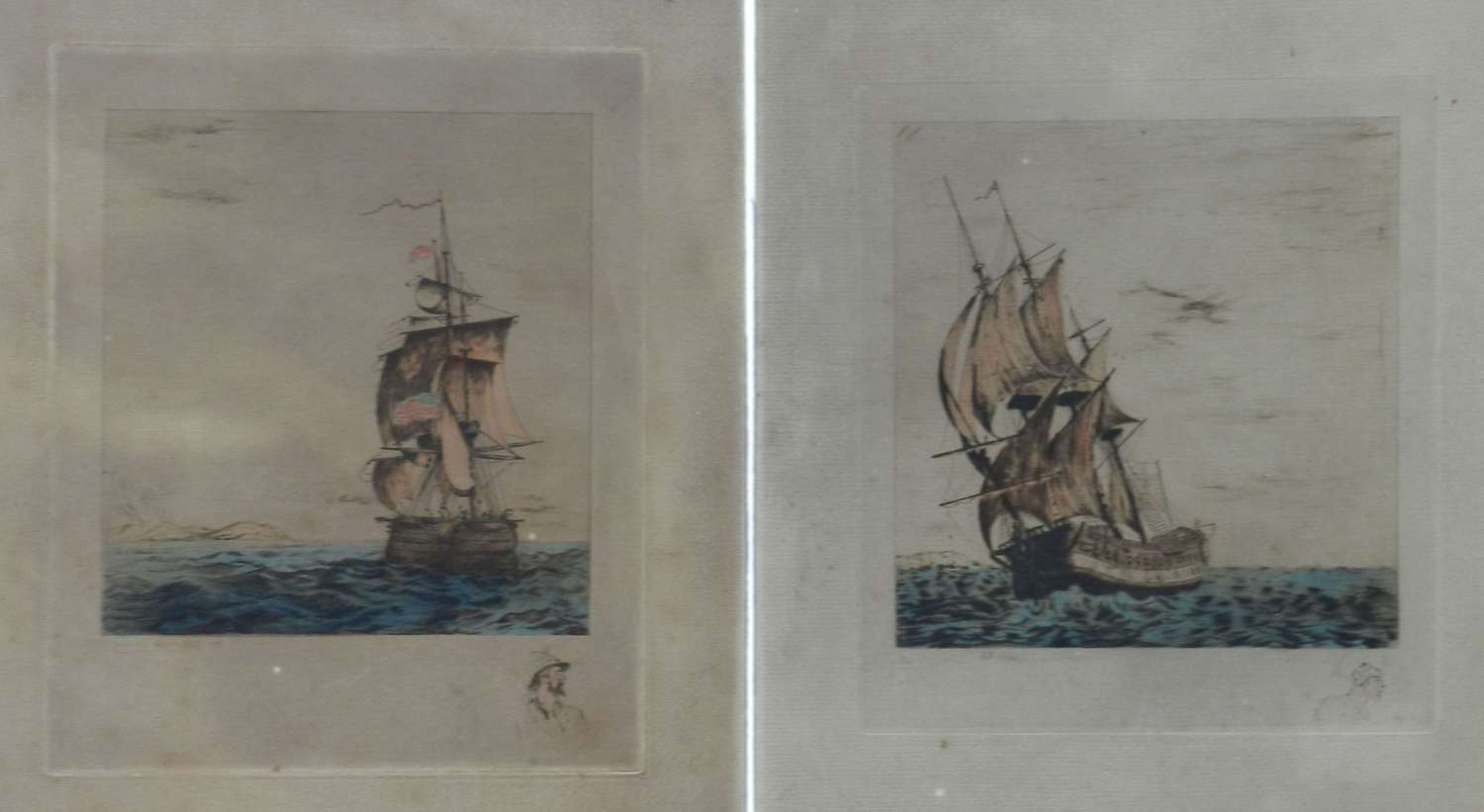 Pair Ships Gravures Etching Signed by Artist Early 20th Century