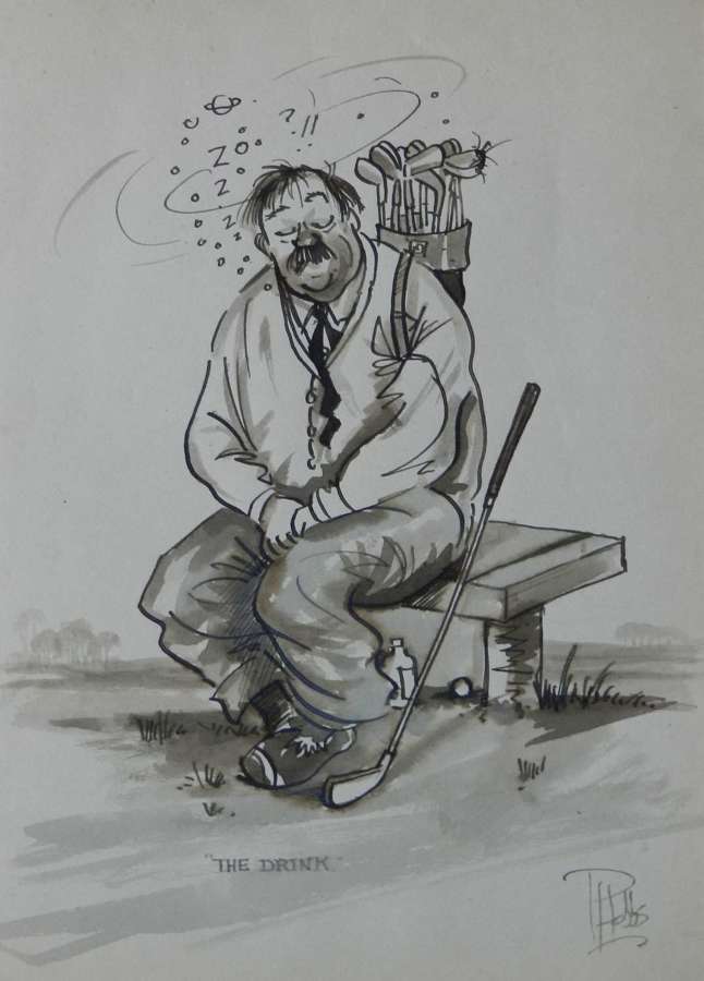 Drunken Golfer by Peter Hobbs Golf Original Painting Caricature c1950