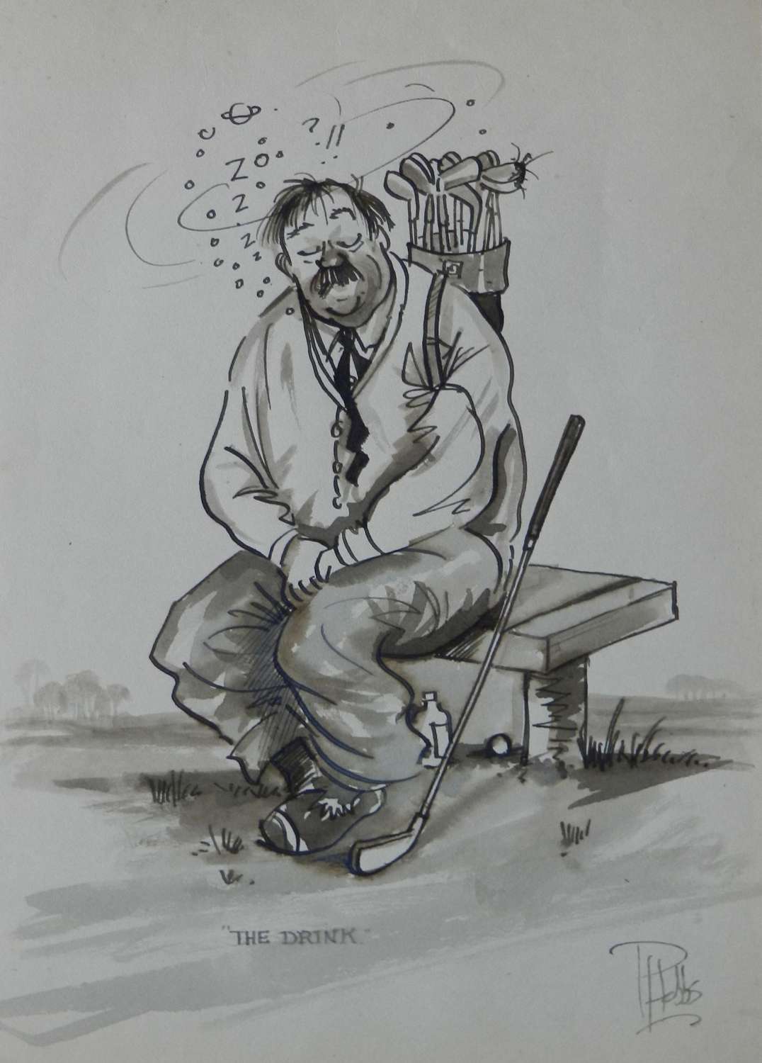Drunken Golfer by Peter Hobbs Golf Original Painting Caricature c1950