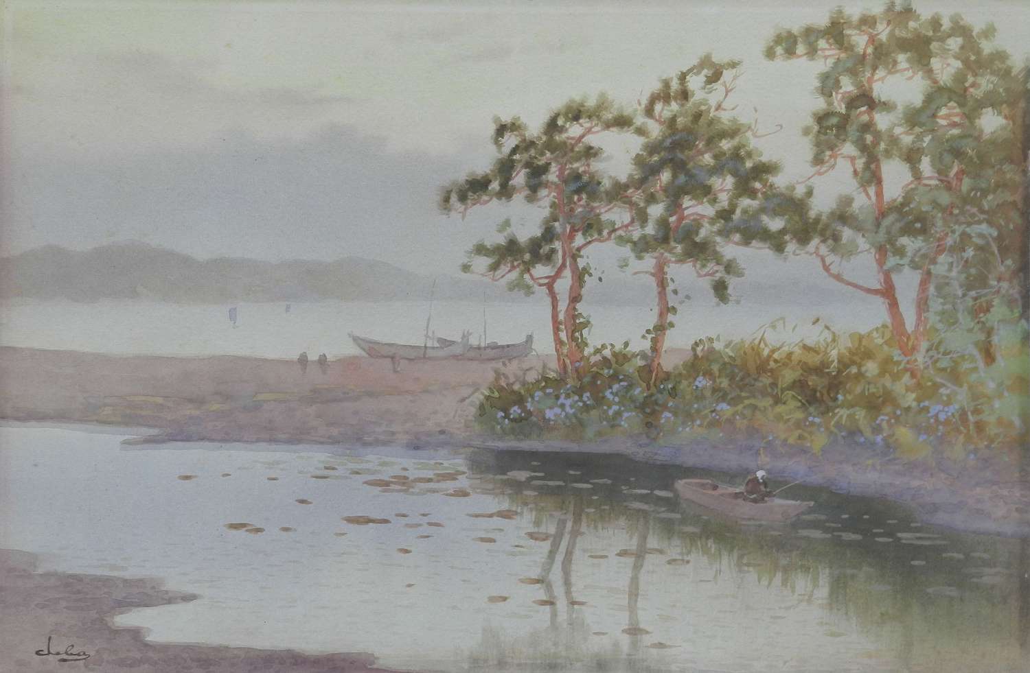Lakeside Evening Watercolor Painting Pastel early C20th