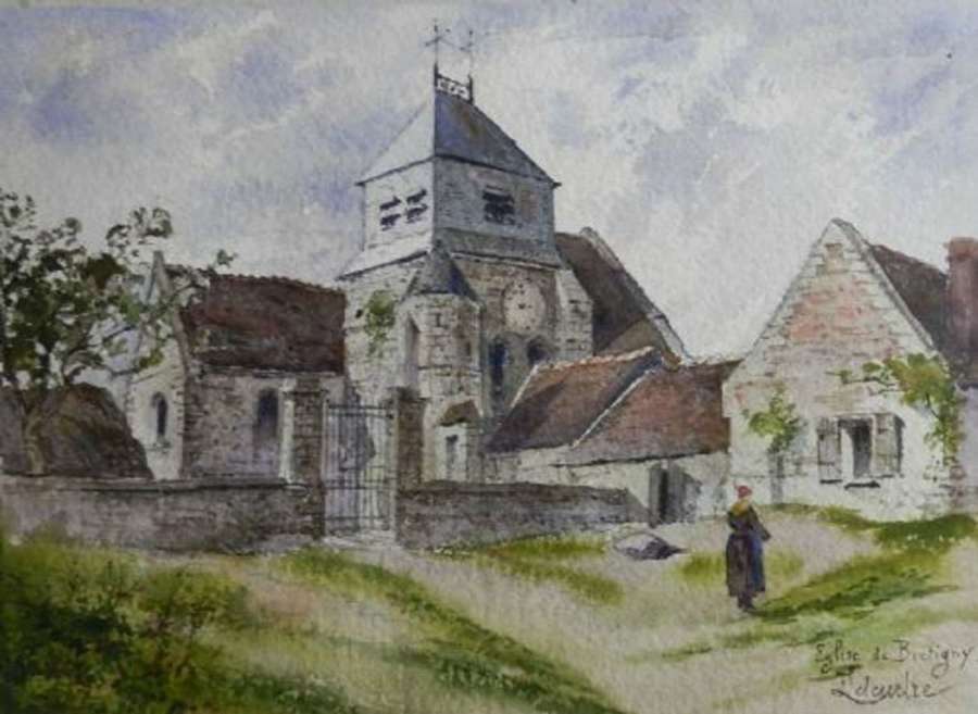French Country Church Watercolor Painting signed