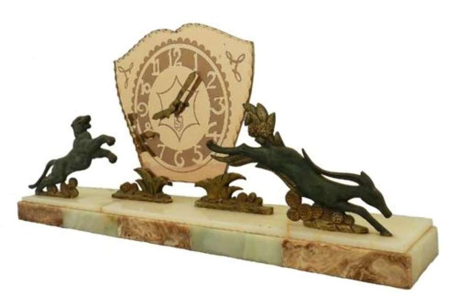 Art Deco Figural Clock French Mirror Onyx and Marble c1930