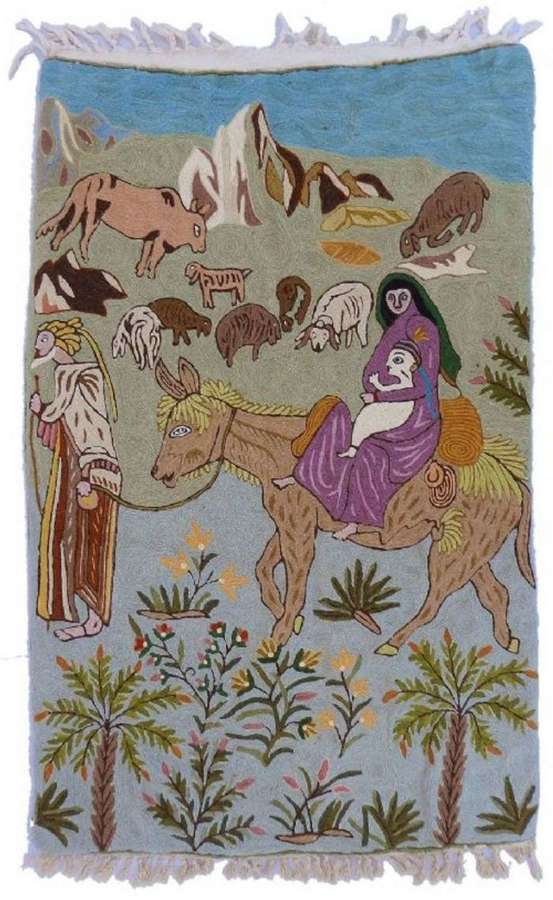 Naive Tapestry Wall Hanging Nativity French Crewelwork Folk Art