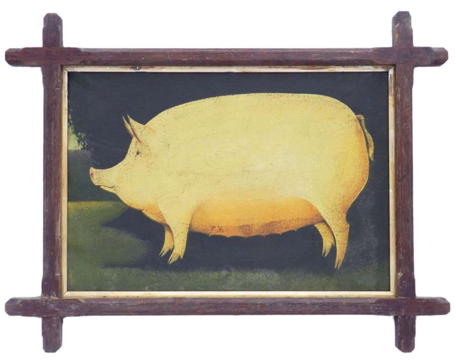 Vintage Painting of Pig Naive Oil on Board c1970