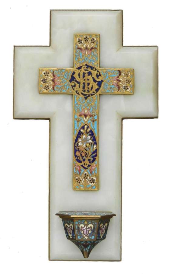 Crucifix Cross Cloisonné Enamel Mounted Holy Water French c1920